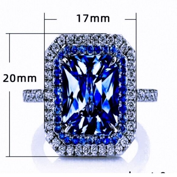 Princess Cut Blue Sapphire & White Baguette Diamond Ring on 925 Sterling Silver - Picture 7 of 7